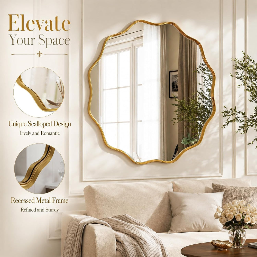 VooBang Gold Scalloped Circle Mirror, 30" Wavy Edge Round Wall Mirror