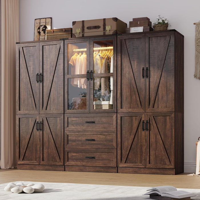 75" Tall Farmhouse 6 Doors Armoire Wardrobe Closet with 3 Drawers and LED,Freestanding Closet Wardrobe Cabinet for Bedroom with Hanging Rod,Wooden Armoire Storage Cabinet(Brown 6 Doors 1)