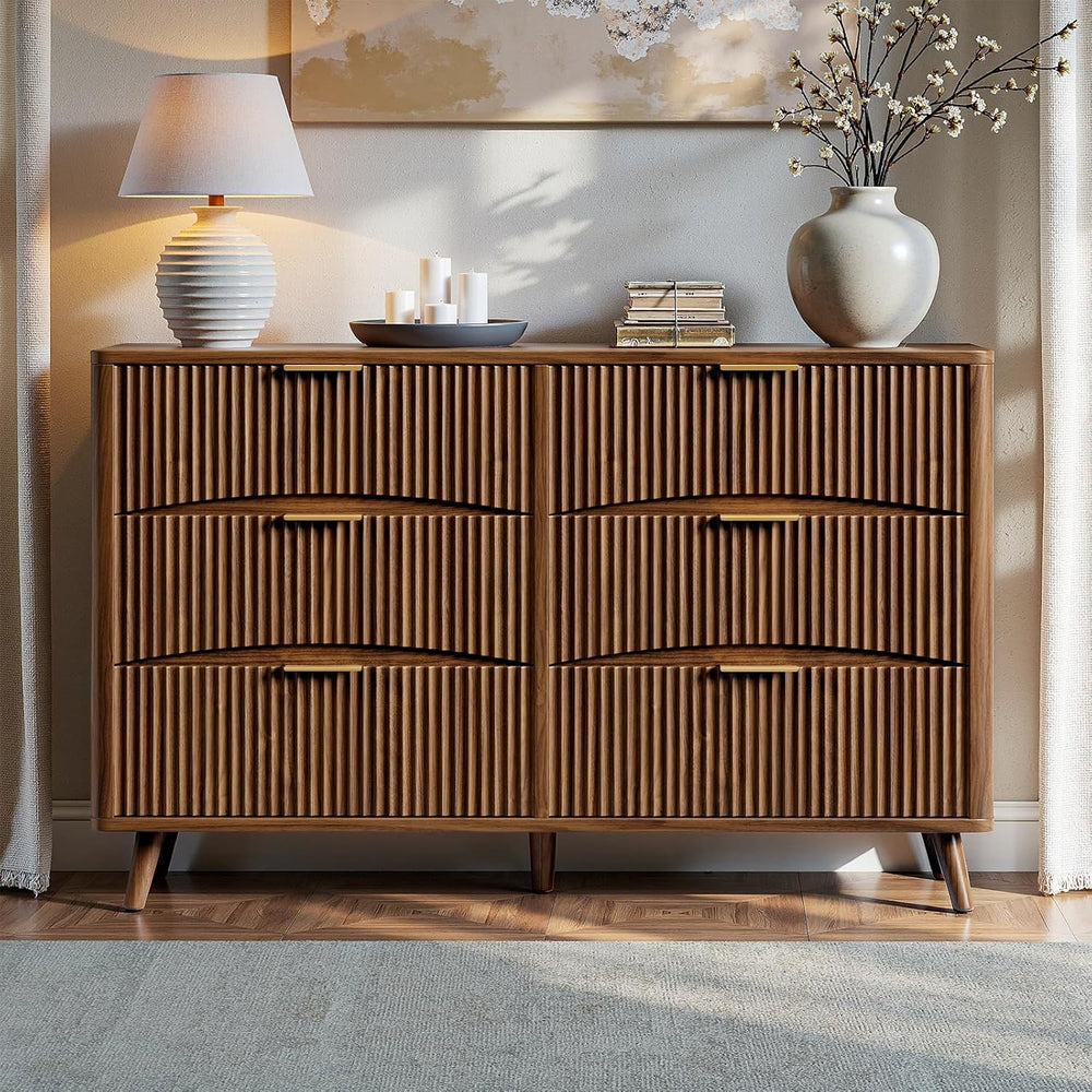 Evermagin 54" Curved Fluted 6-Drawer Dresser, Mid-Century Modern Walnut