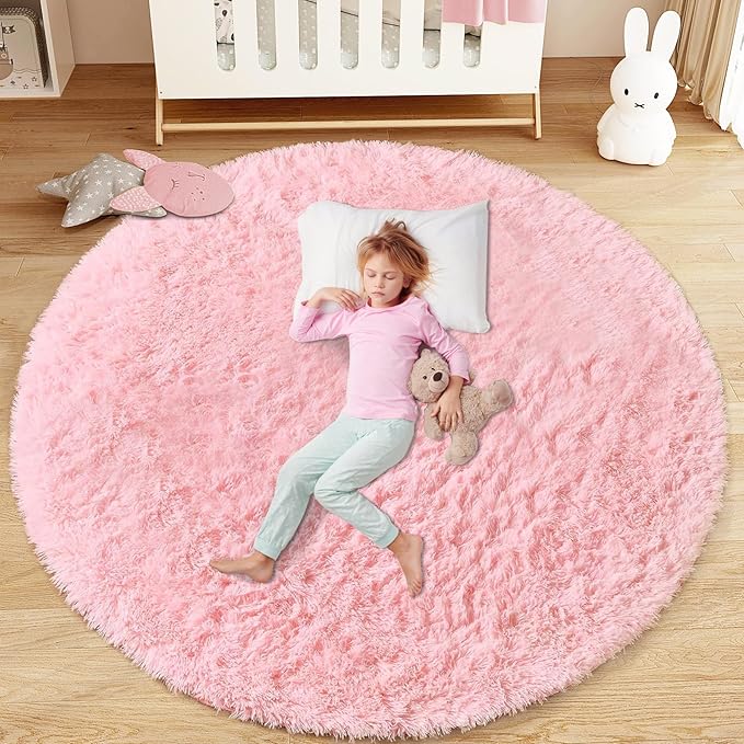 Pink Round Rugs for Bedroom: 4ft Circle Fluffy Shag Soft Washable Rug Small by VECARF