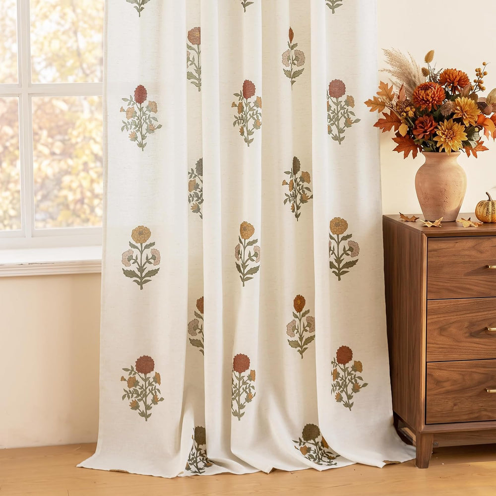 Pinch Pleated Fall Floral Curtains for Living Room, Burnt Orange and Green Li...