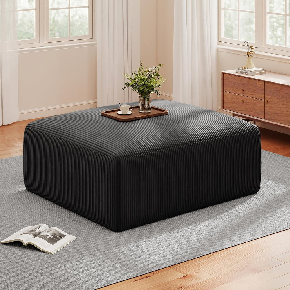 40" Oversized Square Corduroy Ottoman, Large Ottoman Pouf Footstool, Black