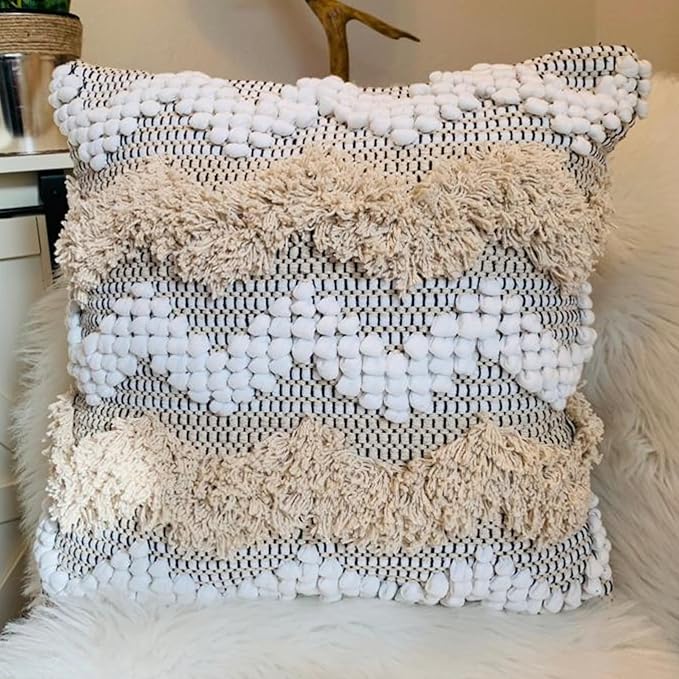 Throw Boho Pillow Cover, 18”x18” Bohemian Moroccan Rustic Decorative Pillows by Cozydeko