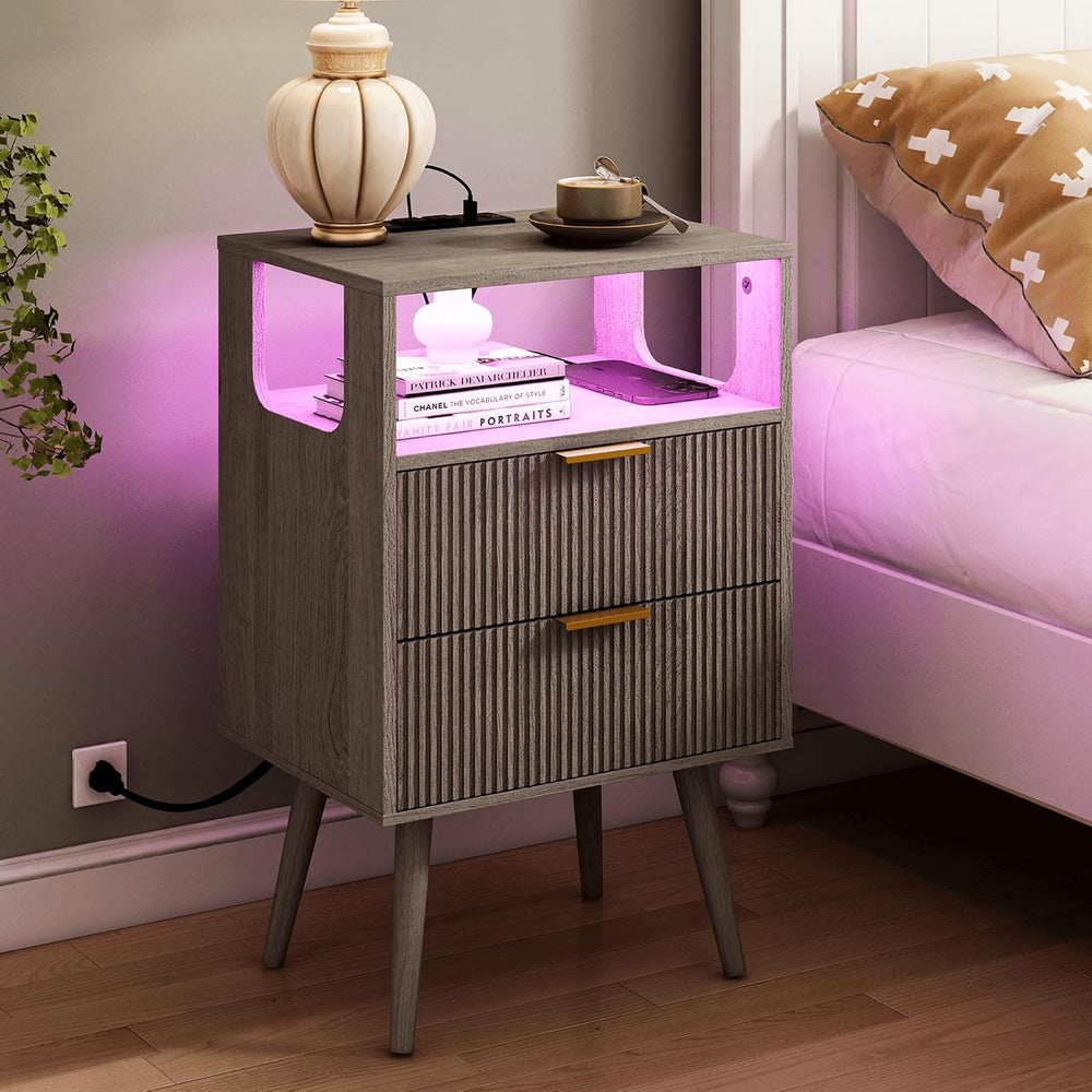 Nightstand with Charging Station and LED Lights,Modern Bedside Table with 2 S...