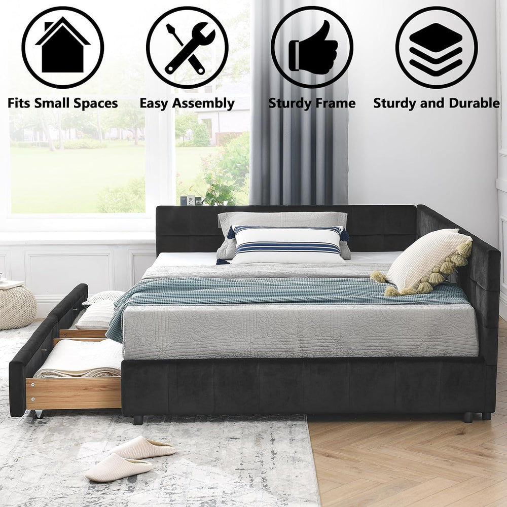 Velvet Corner Bed Frame Full, Upholstered Corner Daybed with Drawers, Full Si...