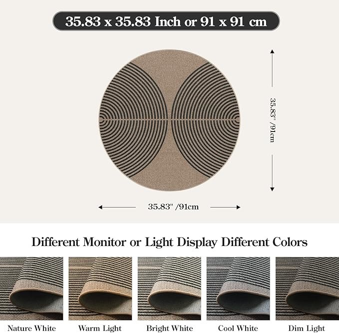 Lahome Enfys Modern Rainbow Round Rug, 3ft Small Washable Circle Carpet Natural - Image 2