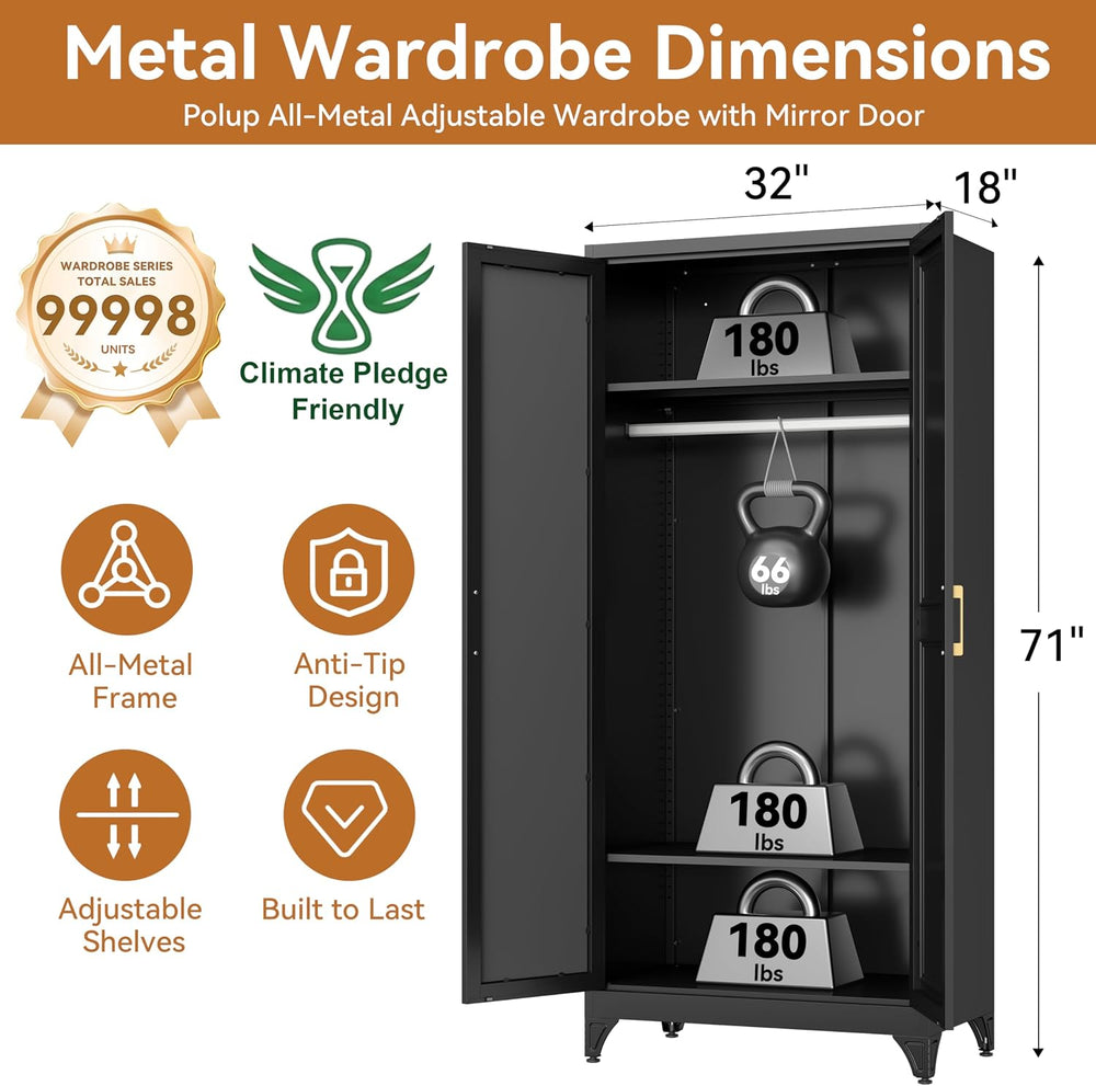 Metal Armoire Wardrobe Closet with Mirror, 71" Tall Black Cabinet