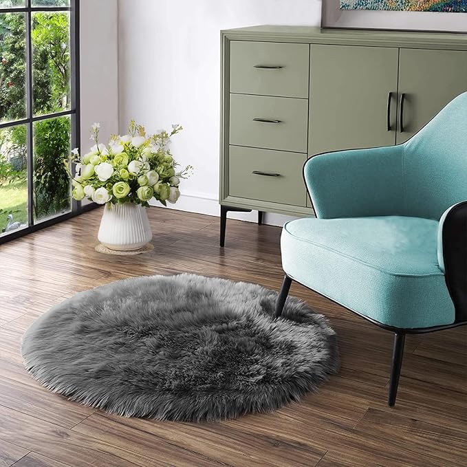 Latepis Dark Grey Round Rug 3ft Faux Fur Circle Rug Fluffy Furry Fuzzy Rug by Latepis