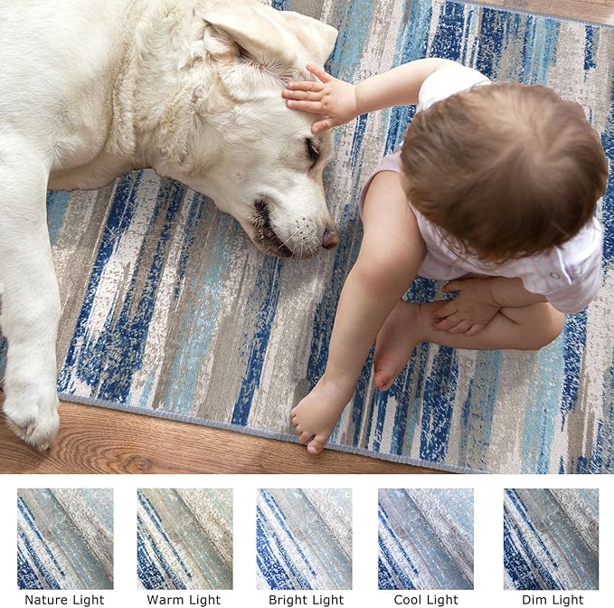 Lansny Modern Abstract Kitchen Rug Set of 2, 2x3 and 2x5 Blue Washable Rug - Image 7