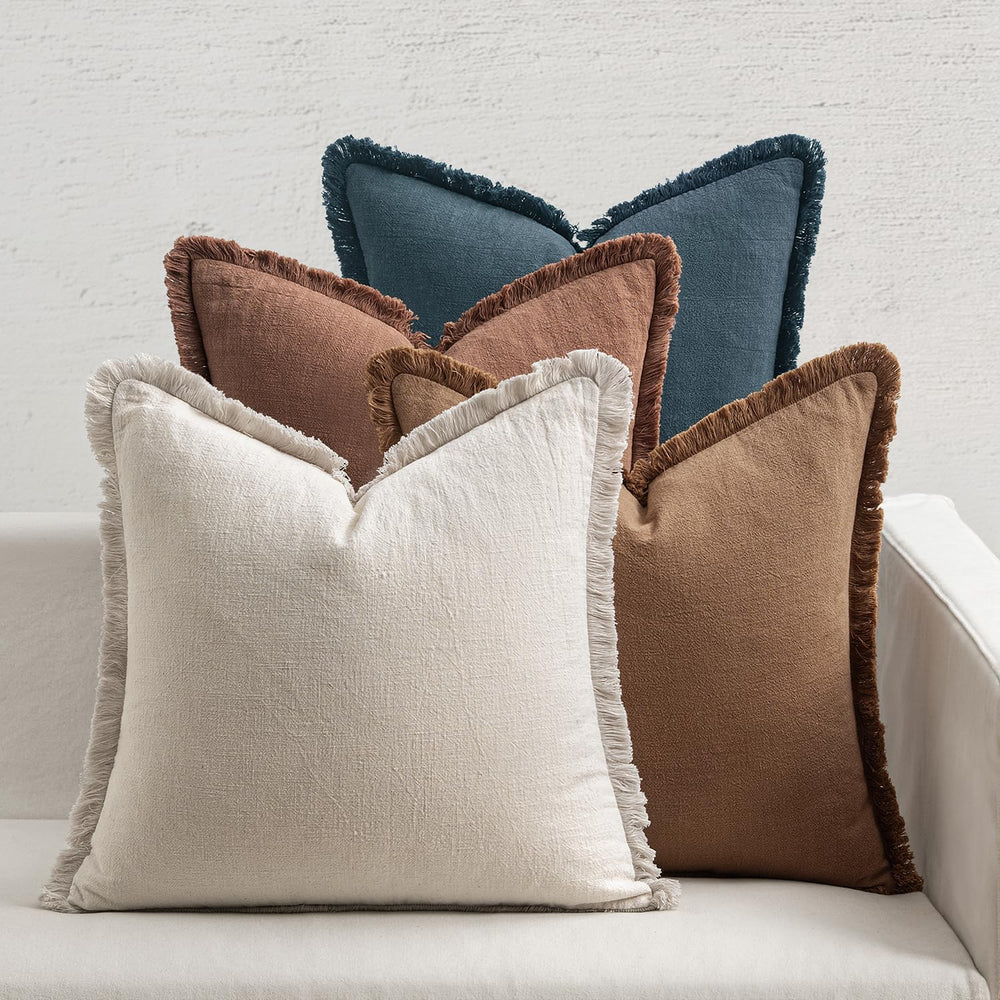 MIULEE Decorative Linen Fringe Throw Pillow Covers 18x18 Beige/Brown/Blue