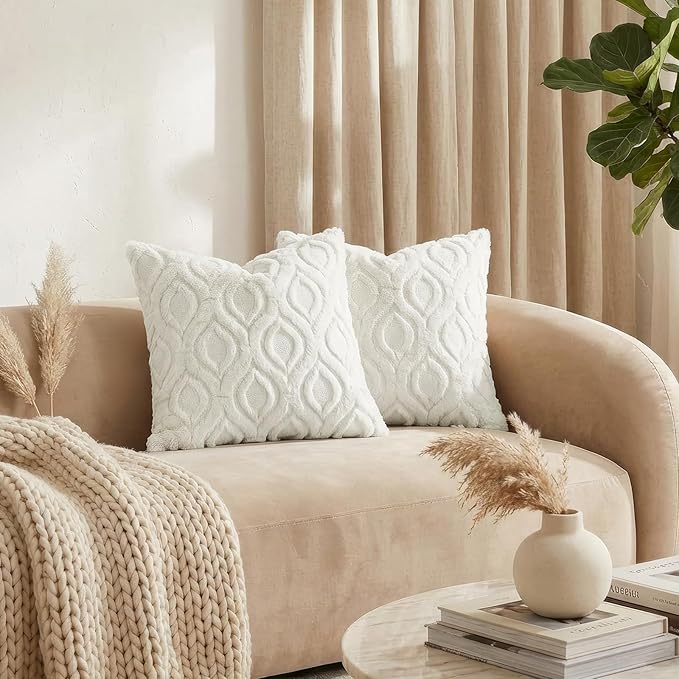 decorUhome Throw Pillow Covers 18x18 Inch Set of 2, Soft Plush Faux Wool Cream - Image 3