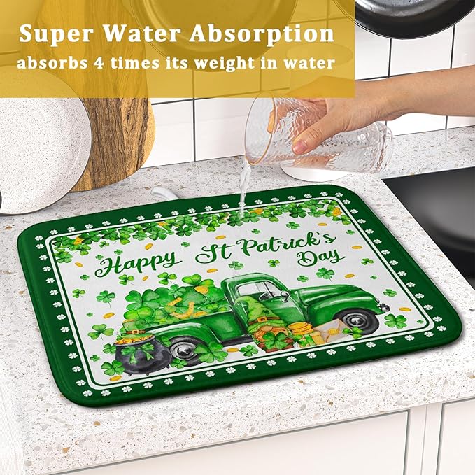 Shamrock Gnome Truck Dish Drying Mat Lucky Clover Dish Drainer Mat 16x18 inch - Image 7