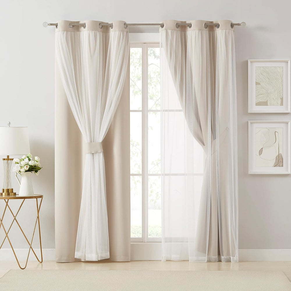 Bujasso Beige 90% Blackout Curtains with Sheer Overlay Mix and Match Double L...