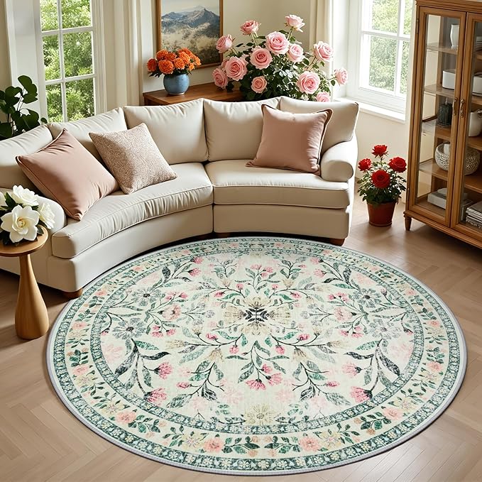 Round Area Rug for Living Room: 6 ft Floral Washable Circle Rug Soft Non-Slip by PLHXFRSoftAreaRugs