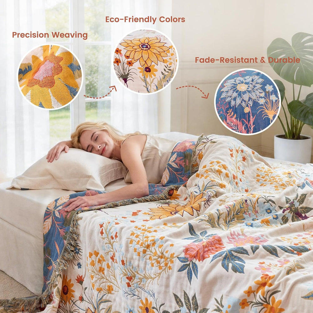 MSGKV Boho Throw Blanket 60"x80" Cotton Floral Twin Blanket for Cou...