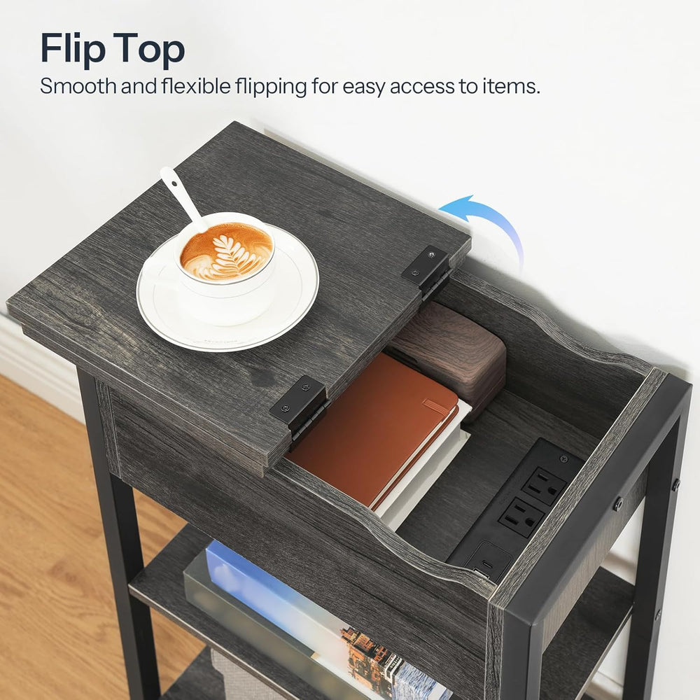HOOBRO End Table with Charging Station, Narrow Side Table, Flip Top Nightstan...