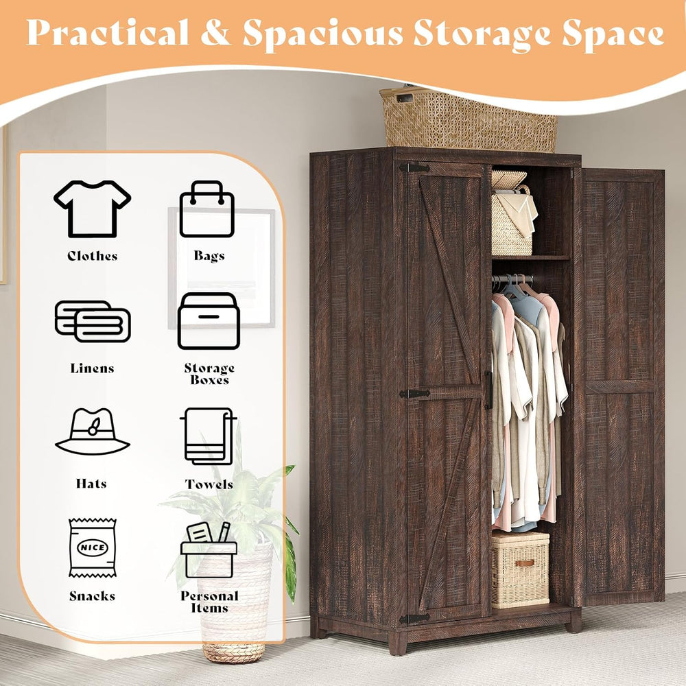 AMERLIFE 71" Farmhouse Wardrobe Closet with Hanging Rod & Barn Doors