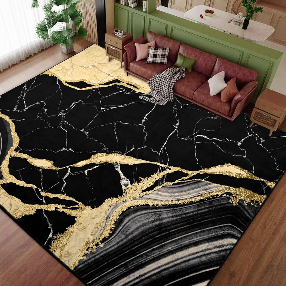 ASPMIZ Black and Gold Marble Area Rug 8x10, Washable Rugs for Living Room