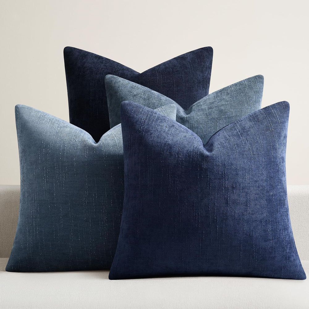 Pack of 4 Throw Pillow Covers 22x22 Inch Chenille Textured Neutral Blue Soft ...