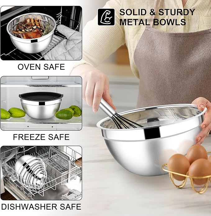 E-far Mixing Bowls with Lids Set, Size 7, Nesting Design & Black Airtight...