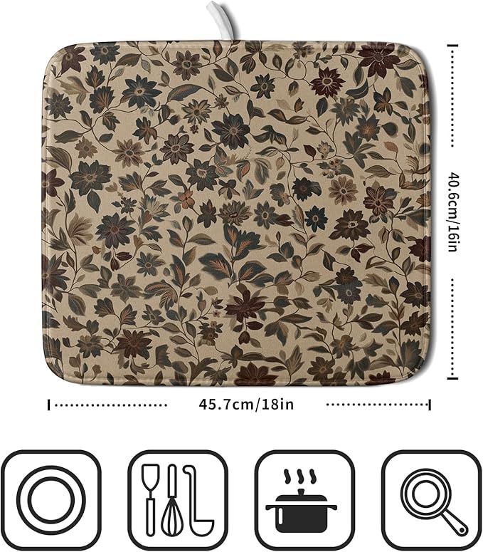 Giwawa 16"x18" Vintage Floral Decorative Dish Drying Mat- Rustic Boho Flowers - Image 2