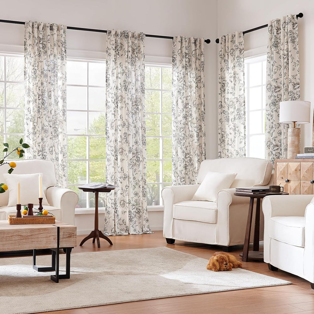 jinchan Floral Linen Curtains 84 Long for Living Room 2 Panels