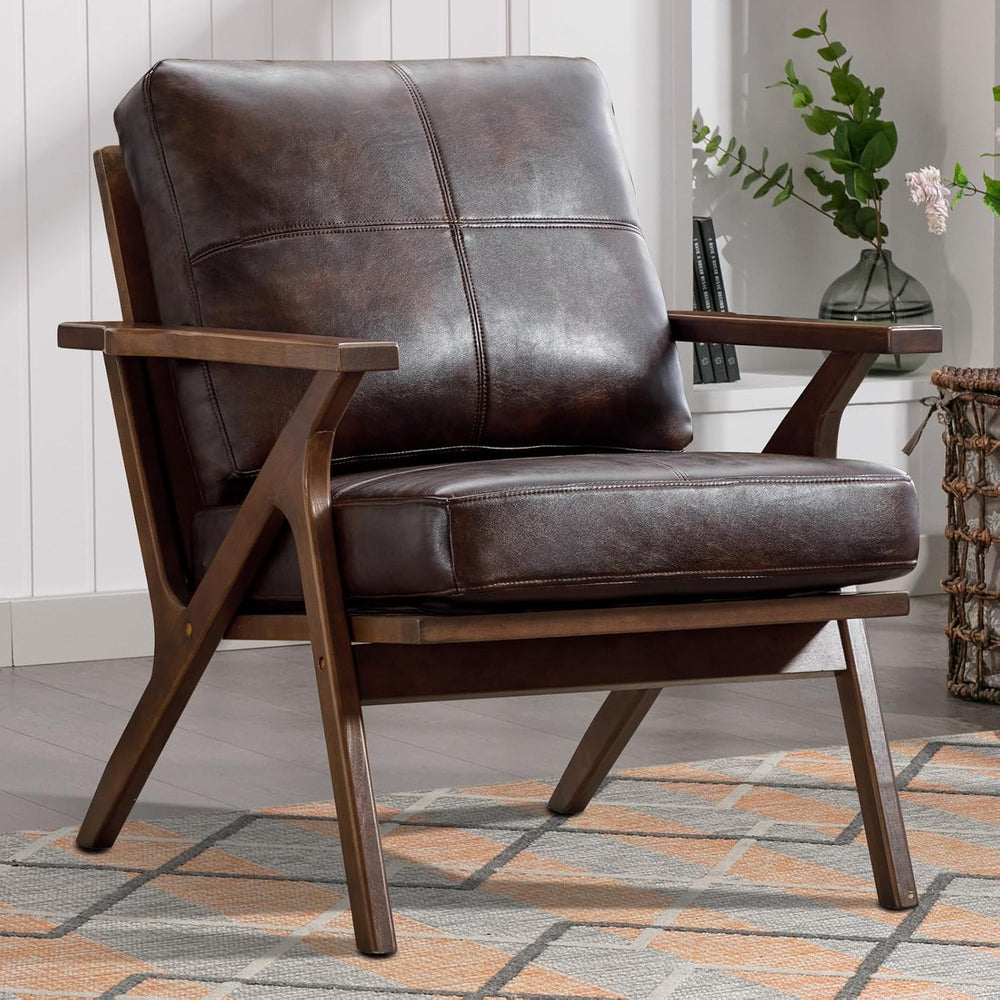 INZOY Mid-Century Modern Accent Chair with Wood Frame, PU Leather Living Room...