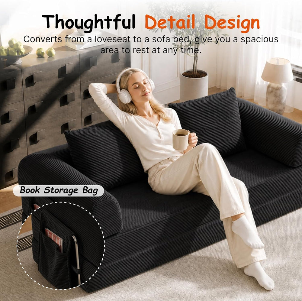 78" Convertible Sofa Bed, Corduroy Pull Out Couch with Fixed Frame &...
