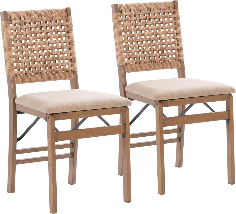 Linon Bennett Natural Folding Chair with Woven Rope Back and Linen Upholstere...