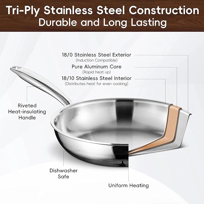 SuperCook Stainless Steel 12 Inch Tri-Ply Frying Pan, Large Frying Pan - Image 3