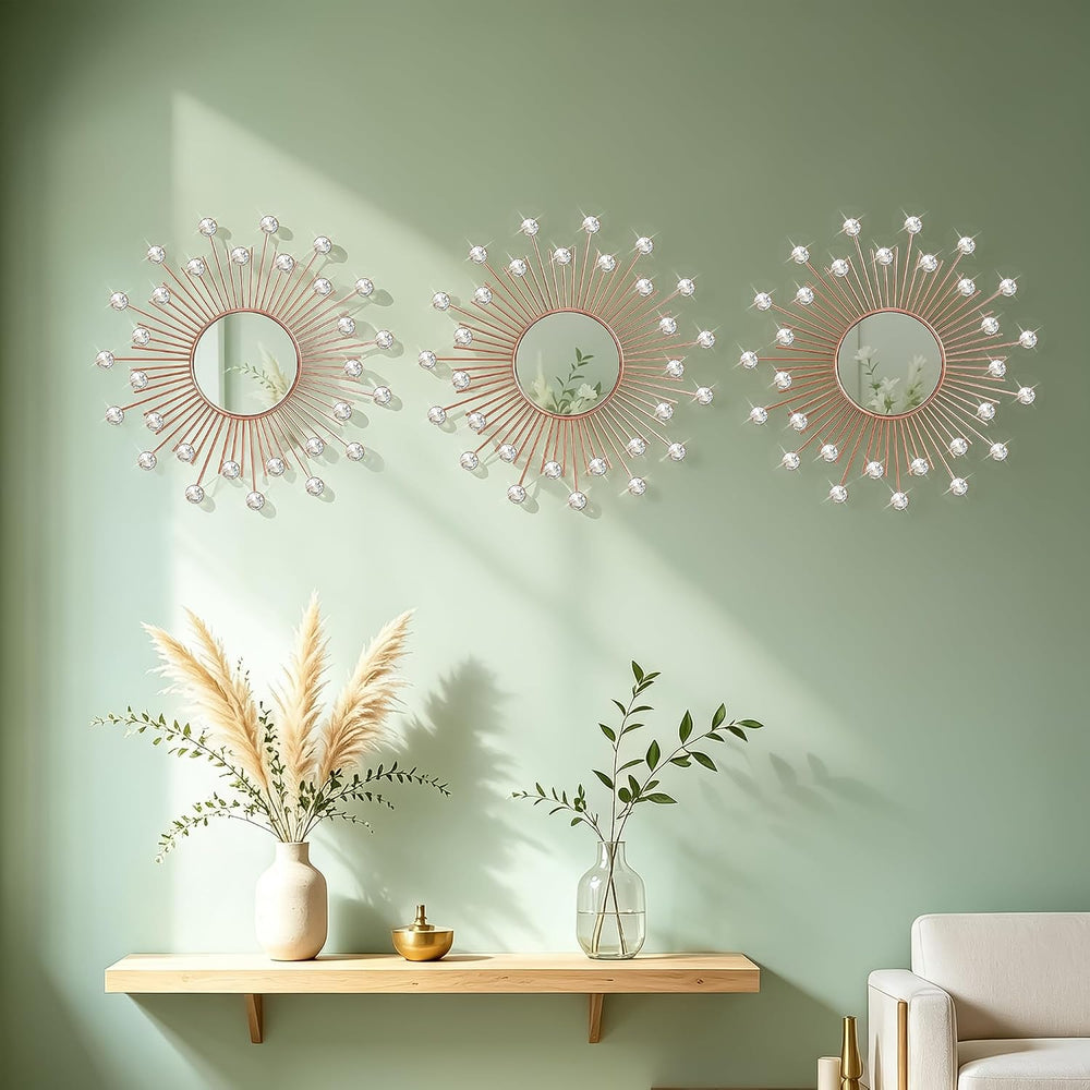 3 Pack Metal Mirrors for Wall Sunburst Wall Mirror Rose Gold Crystal Décor
