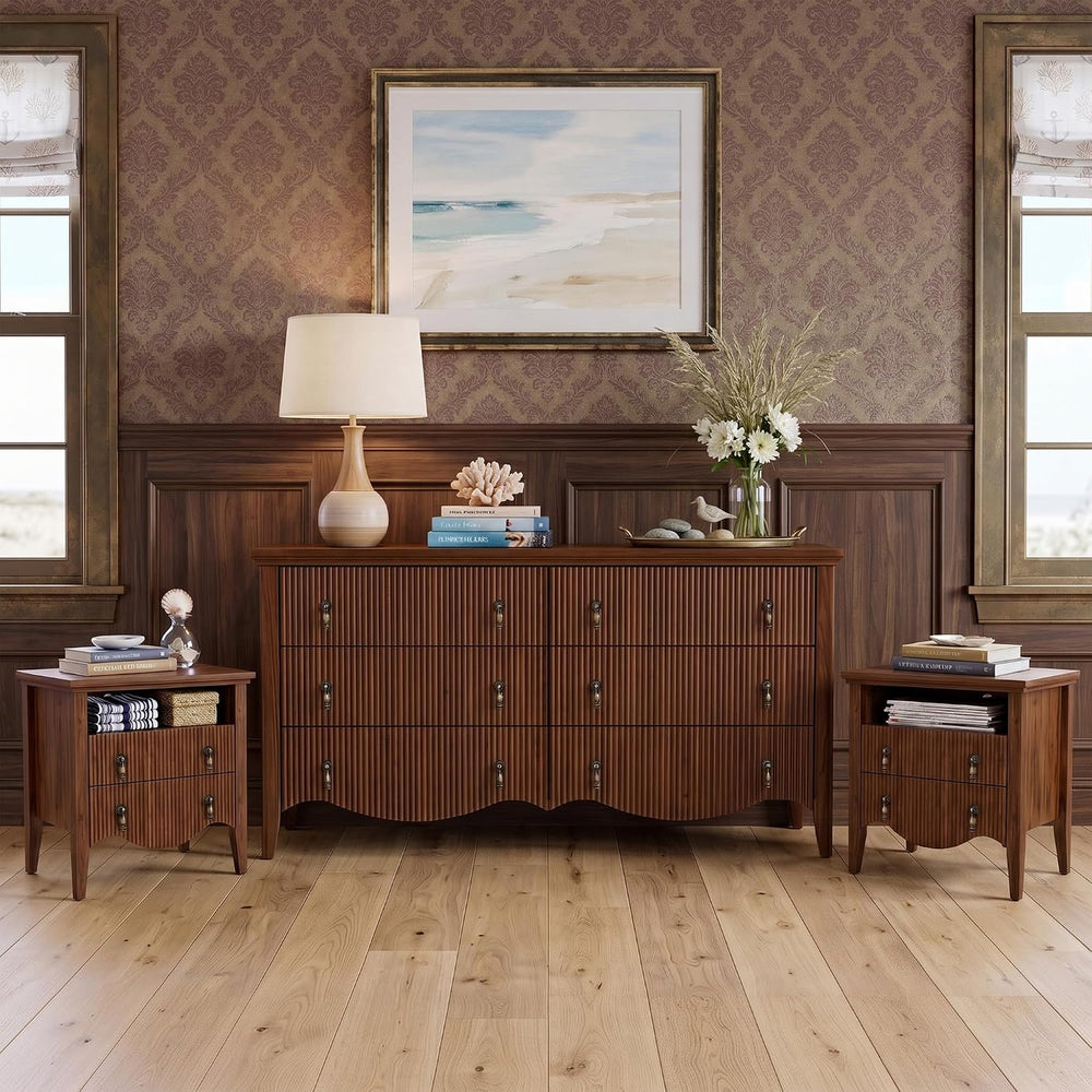 senlin 3-Piece Farmhouse Bedroom Set,6-Drawer Dresser,2 Nightstands,Walnut