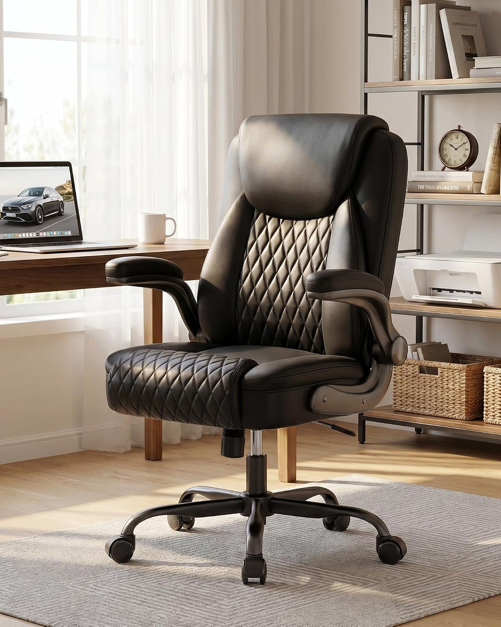 COMHOMA Mid-Back Office Chair, Ergonomic PU Desk Chair with Flip up Arms, Sma...