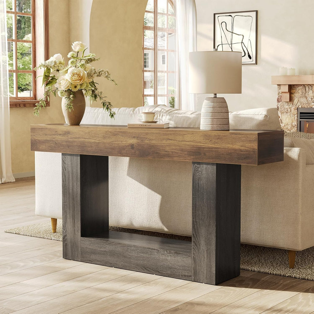 LITTLE TREE 63 Inches Long Console Table, 2-Tier Farmhouse Sofa Table Behind ...