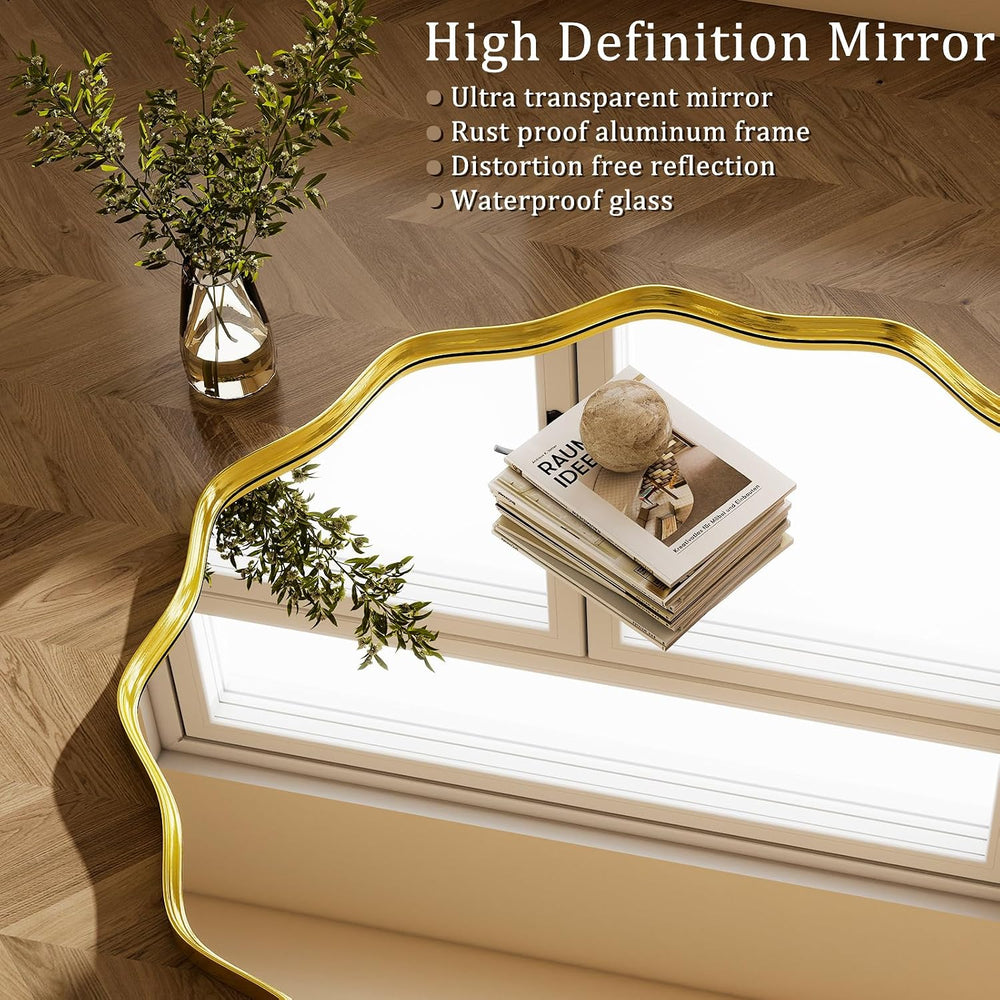 Gold Scalloped Circle Mirror, 24" Wavy Edge Round Wall Mirror