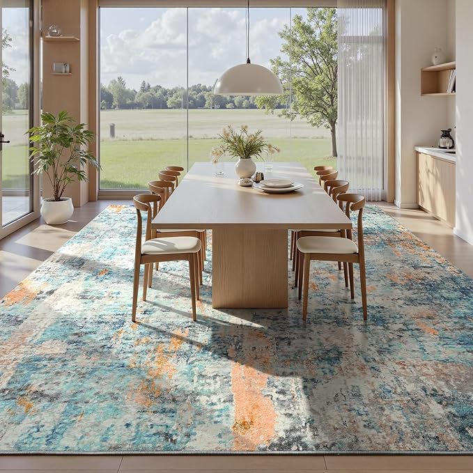 Ompaa Living Room Rug 6x9 Blue Area Rug Machine Washable Boho Rug Non Slip - Image 2