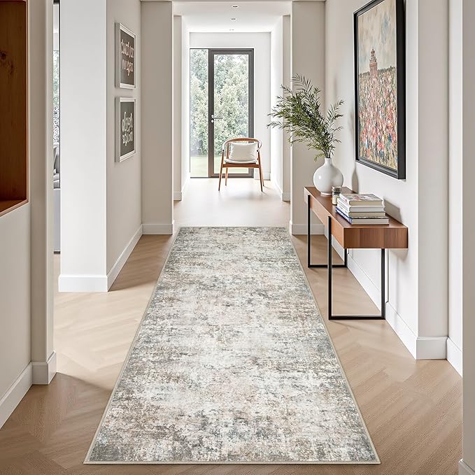 2.6'x8' Runner Rug Washable Rug;Modern Abstract Soft Thin Runner Rug Brown Grey - Image 3