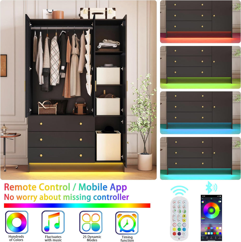 3 Doors LED Armoire Wardrobe Closet with Mirror, 75" Tall Modern Wooden ...