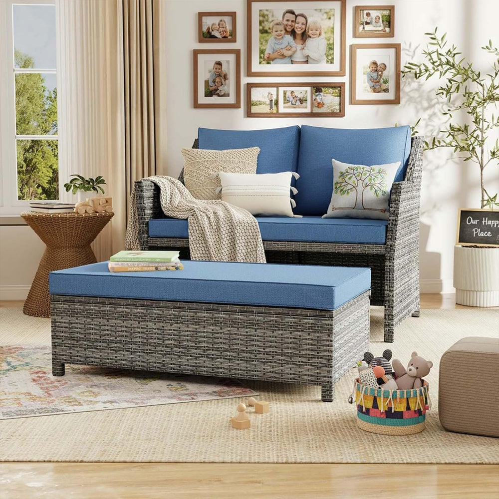 Wicker Patio Loveseat w/Storage Ottoman, 2 Pcs, Navy Blue