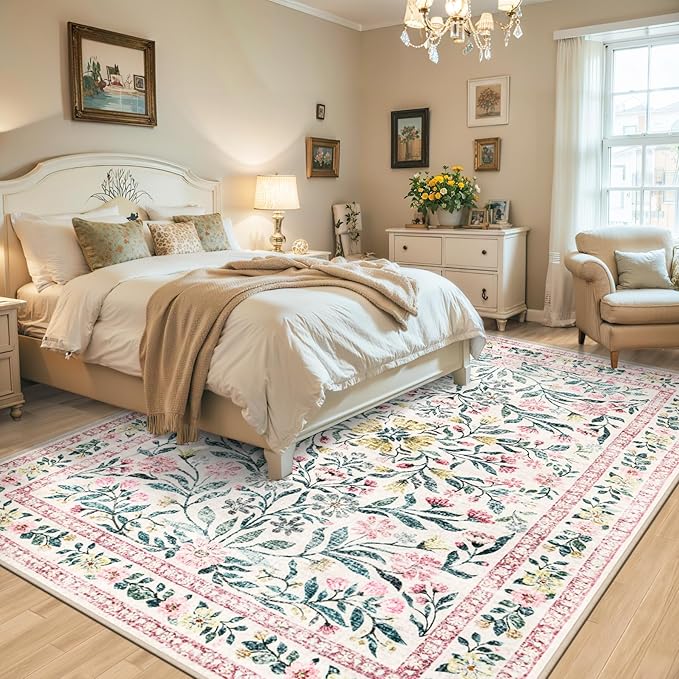 Area Rug Living Room Rugs: Floral 5x7 Washable Rug Vintage Soft Boho Non-Slip - Image 3