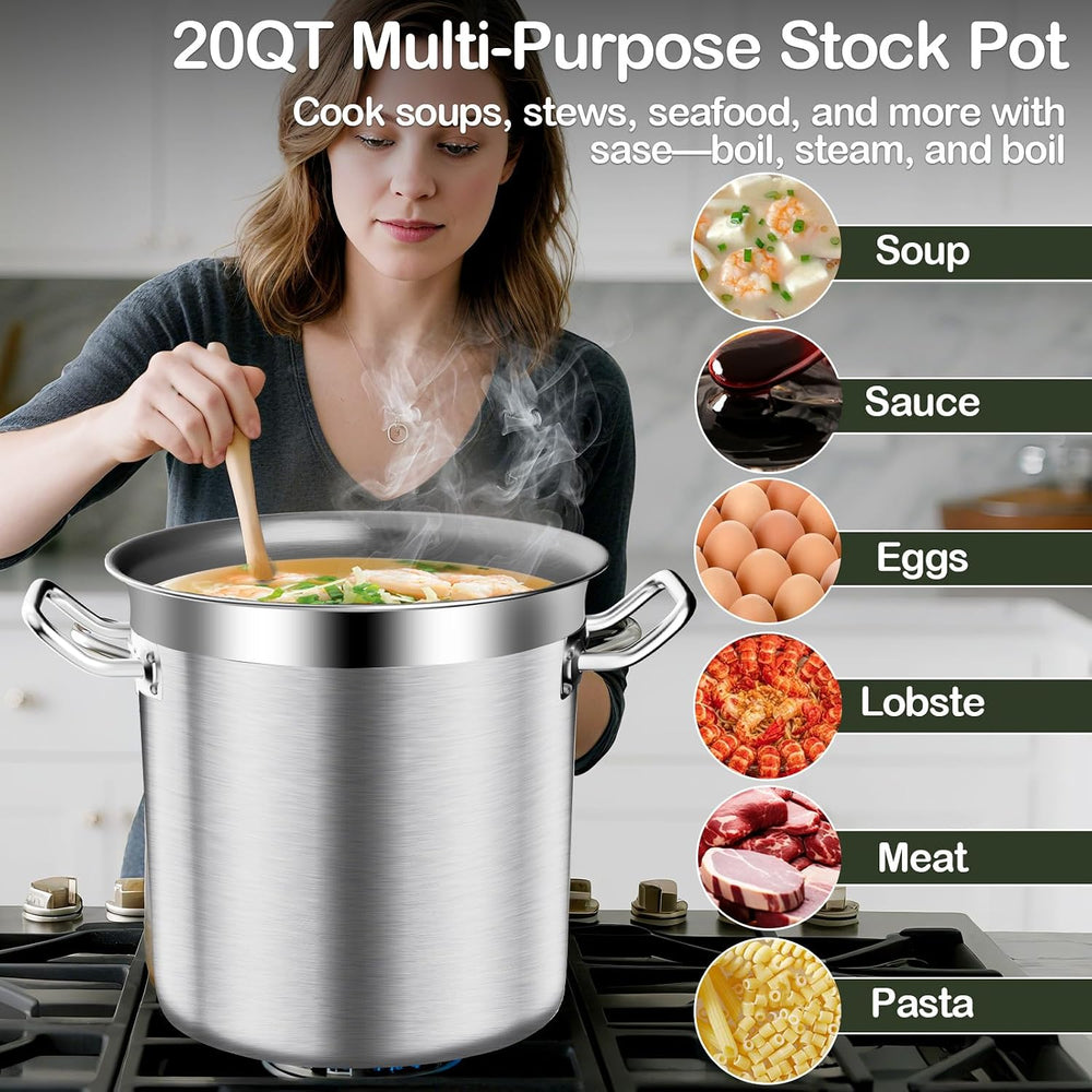 Stock Pot-20QT Stainless Steel Stockpot with Lid, Heavy Duty Tri-Ply Bottom C...