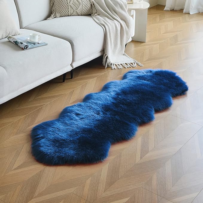 duduta Navy Blue Faux Sheepskin Runner Rugs 2x6 ft, Fluffy Shag Bedroom Bedside - Image 7