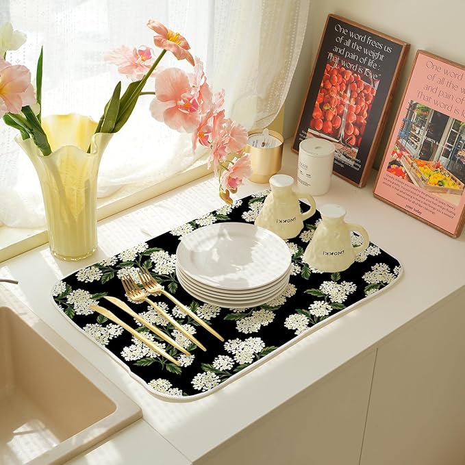 Black Dish Drying Mat 18x24 Inch Green Vintage Floral Hydrangea Flower Drying - Image 7