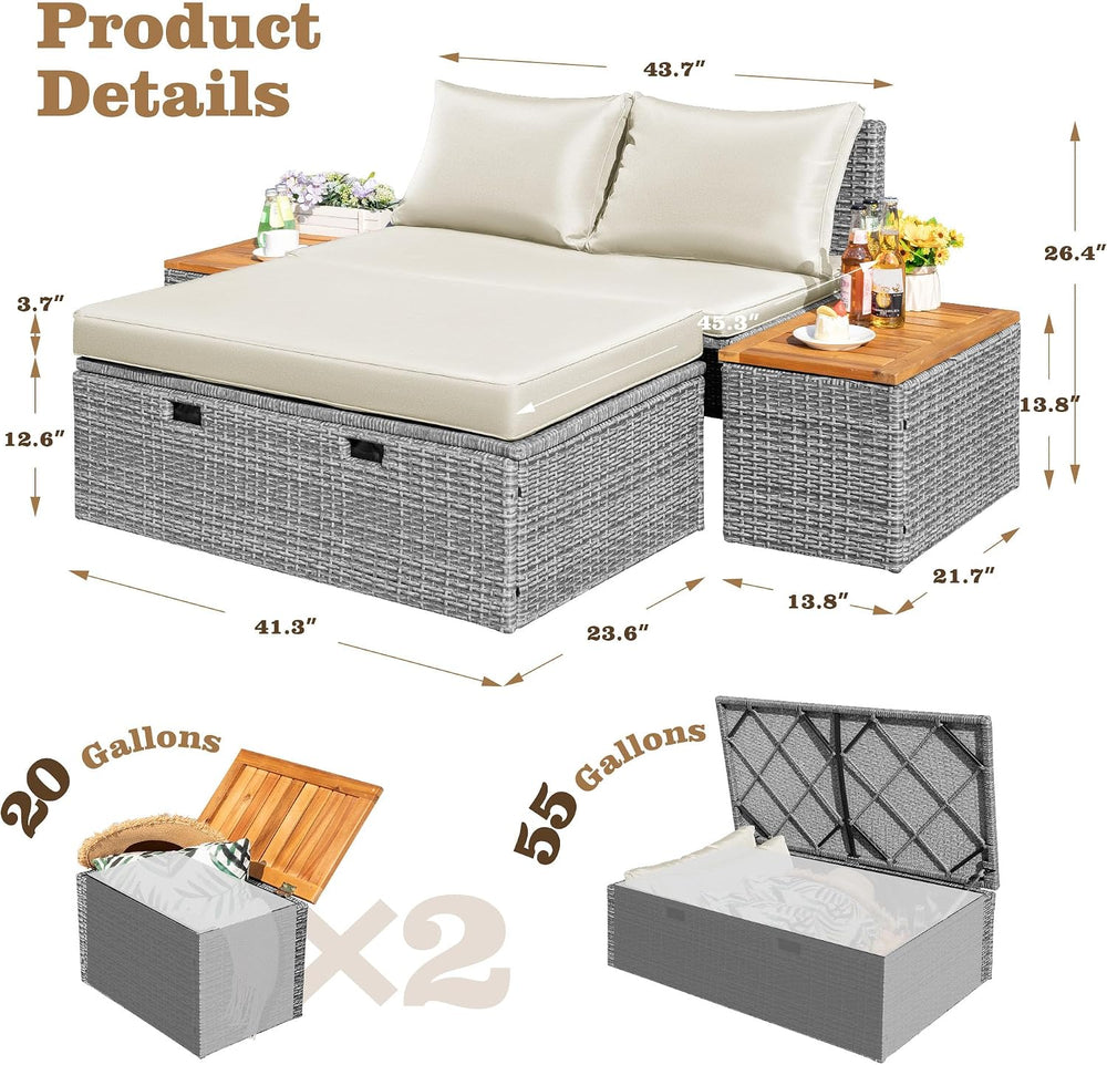 Flamaker Outdoor Rattan Daybed with 2 Side Tables, Wicker Patio Sofa