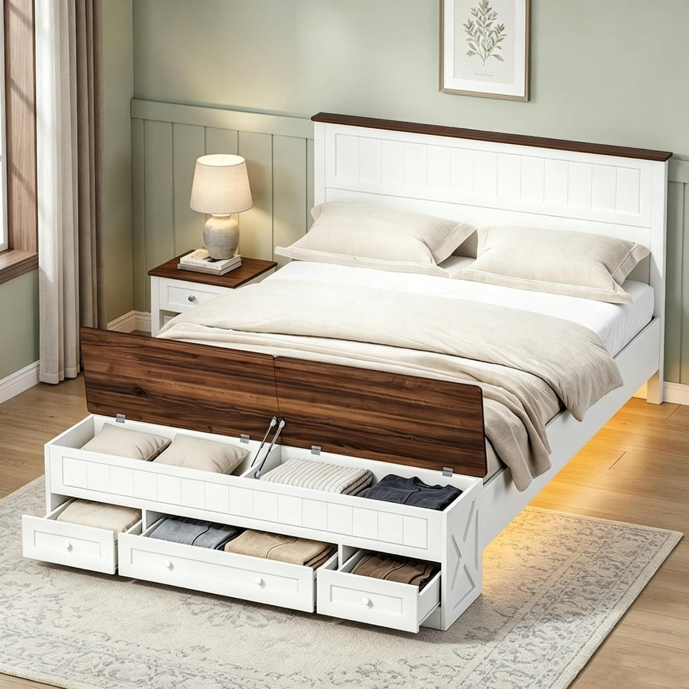 Farmhouse Queen Bed Frame with Headboard and Storage Bench (White)