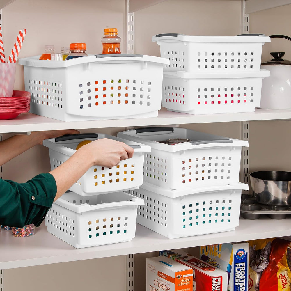 Sterilite Large Stacking Basket Plastic Storage Organizer, White, 4-Pack