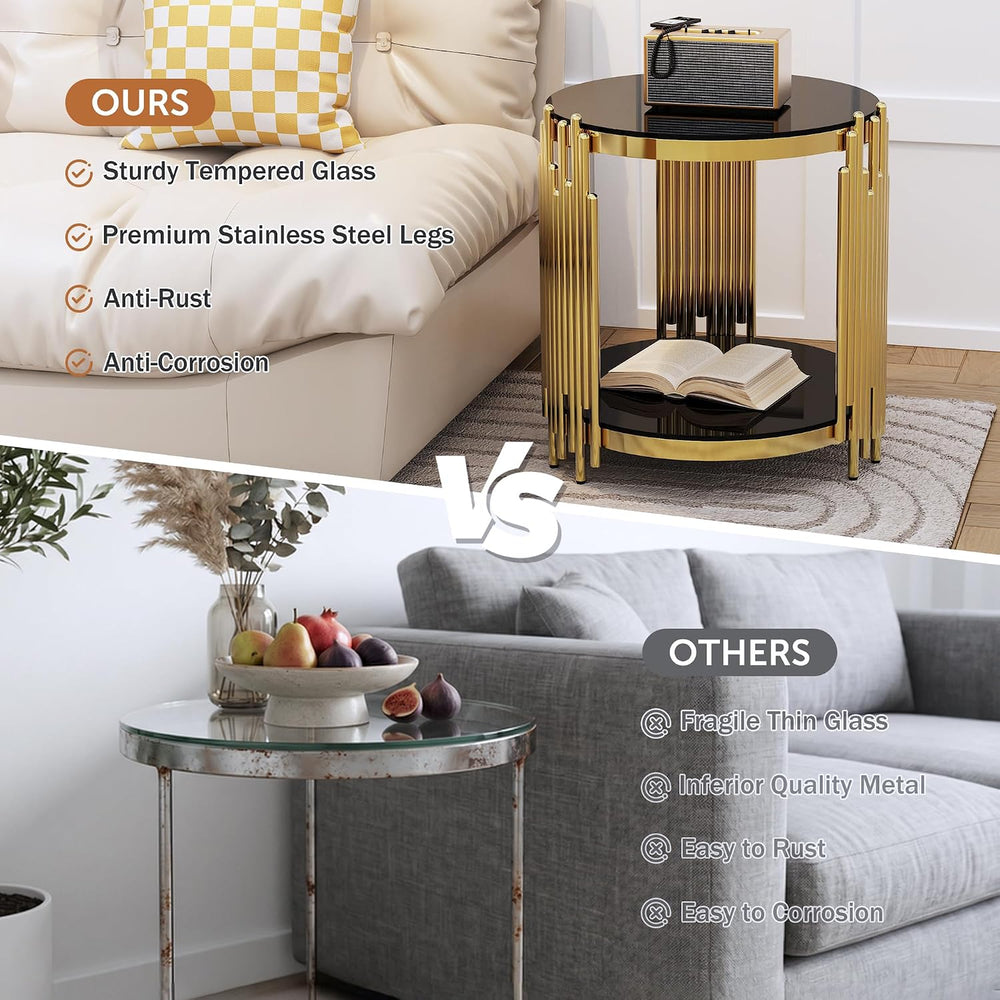 Luxury Gold Round Glass End Table, 19.7" Modern Side Table with Stainles...