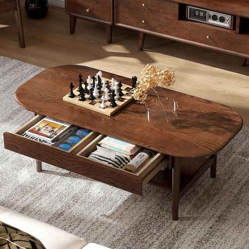100% Solid Oak Wood Coffee Table with Storage for Living Room, 47.24"W