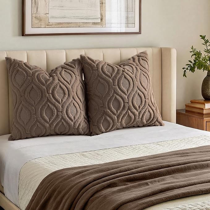 decorUhome Throw Pillow Covers 16x16 Inch Set of 2, Soft Plush Faux Wool Brown - Image 7