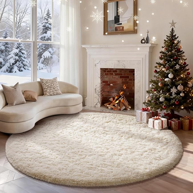 Ophanie Round Rugs 6Ft Ivory Circle Area Rug, Aesthetic Room Decor, Fluffy by Ophanie